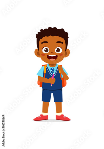 little kid wear uniform and ready to school