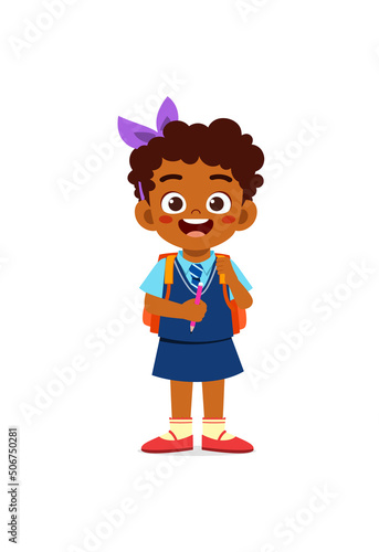 little kid wear uniform and ready to school