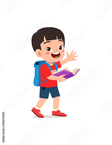 little kid walk wearing backpack and read book