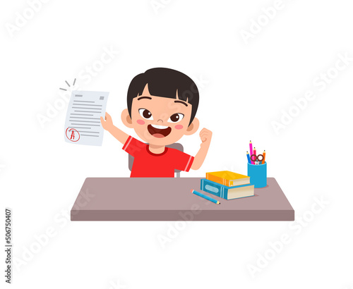 little kid get good grade and feel happy