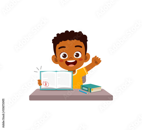 little kid get good grade and feel happy