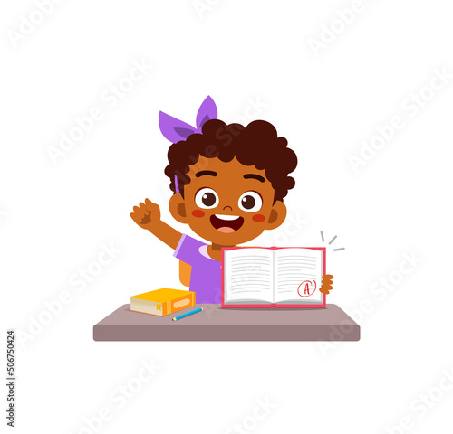 little kid get good grade and feel happy
