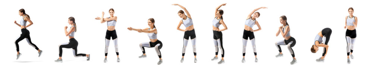 Set of sporty young woman training against white background