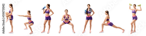 Set of sporty young woman training against white background