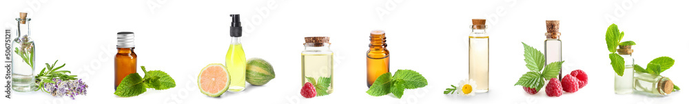 Set of different essential oils isolated on white