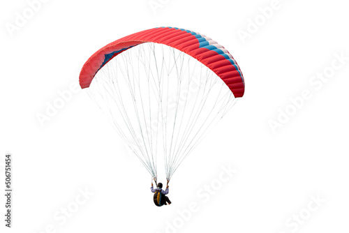 The sportsman flying on a paraglider. Beautiful paraglider in flight on a white background. isolated photo