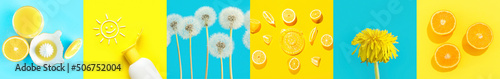 Summer collage of tasty citrus juices with dandelion flowers and sunscreen on colorful background