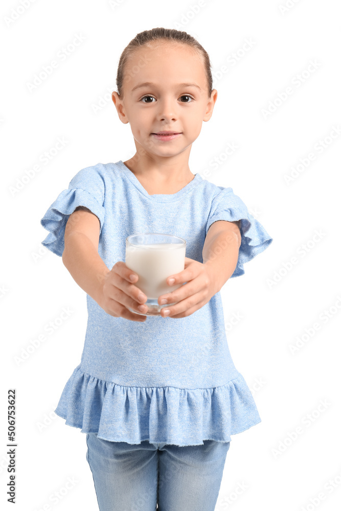Little smiling girl holding glass of milk on white background Little smiling girl holding glass of milk on white background