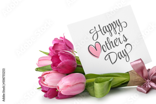 Greeting card with text HAPPY MOTHER'S DAY and pink tulips on white background