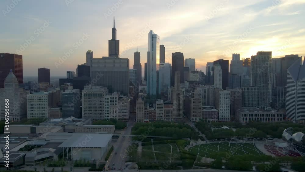 Chicago, IL USA May 19th 2022: Aerial drone view of Chicago downtown during sunset in the beautiful metropolis city. the architecture in this district is beautiful for tourist Chicago, IL USA May 19th 2022: Aerial drone view of Chicago downtown during sunset in the beautiful metropolis city. the architecture in this district is beautiful for tourist