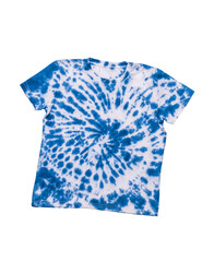 Tie dye T-shirt with a spiral blue pattern isolated on a white background.
