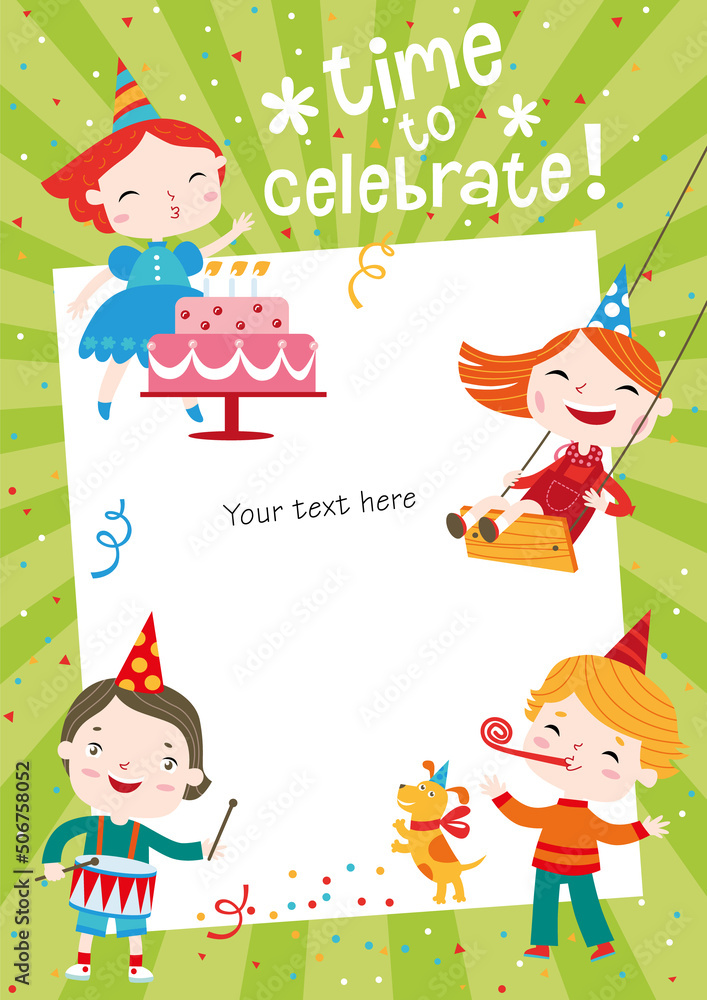 Fototapeta premium Children having fun at birthday party. Template for making birthday cards, posters, invitation cards, photo frames and backgrounds.