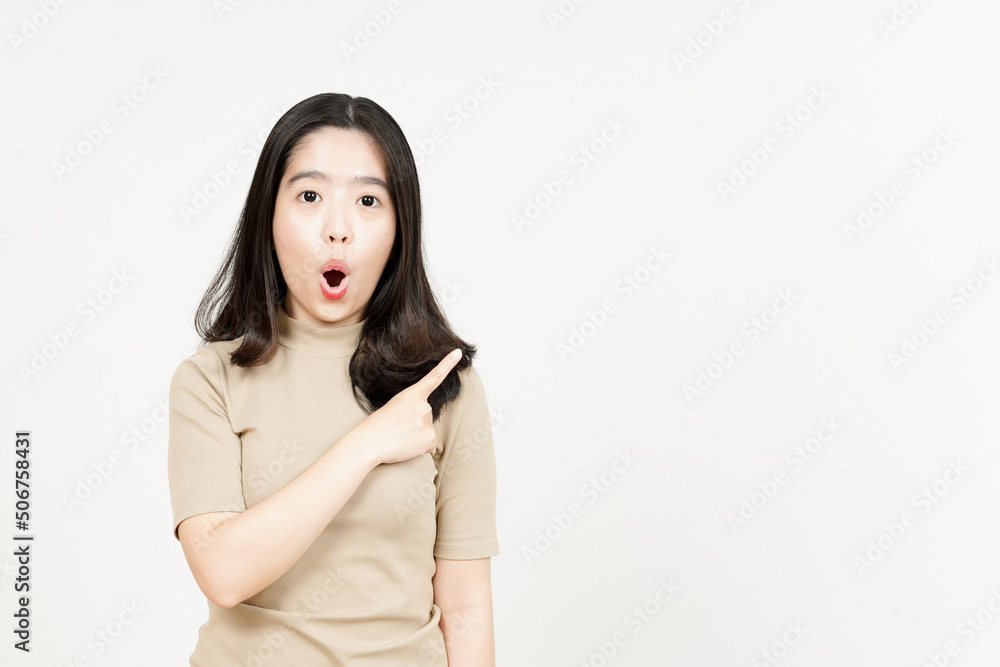 Showing Product and Pointing Side Of Beautiful Asian Woman Isolated On White Background Showing Product and Pointing Side Of Beautiful Asian Woman Isolated On White Background