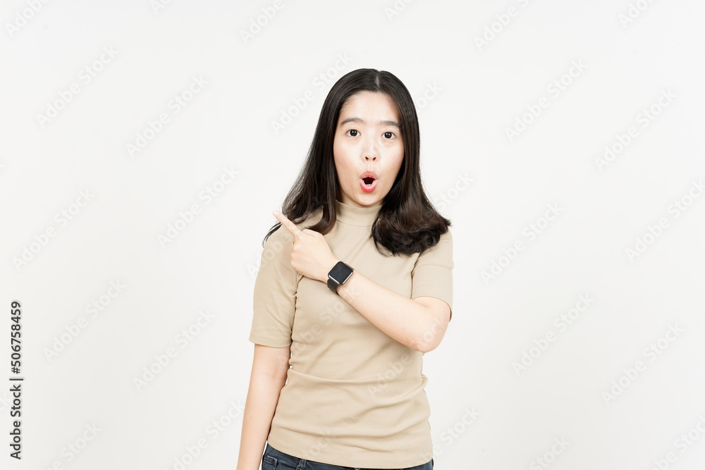 Showing Product and Pointing Side Of Beautiful Asian Woman Isolated On White Background Showing Product and Pointing Side Of Beautiful Asian Woman Isolated On White Background