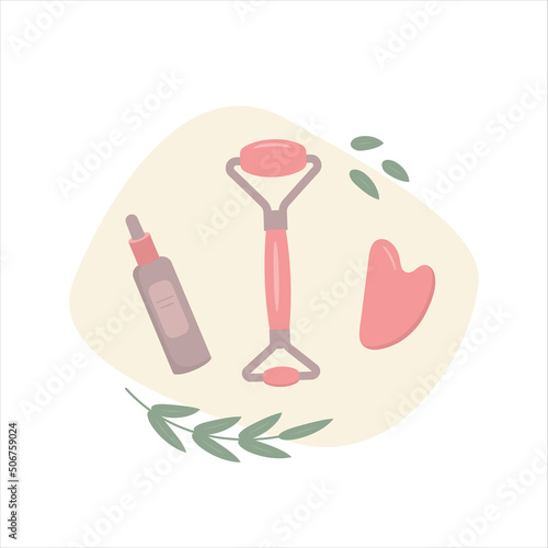 Set of face massage roller, gua sha and face oil. Flat design illustration. Asian skincare..