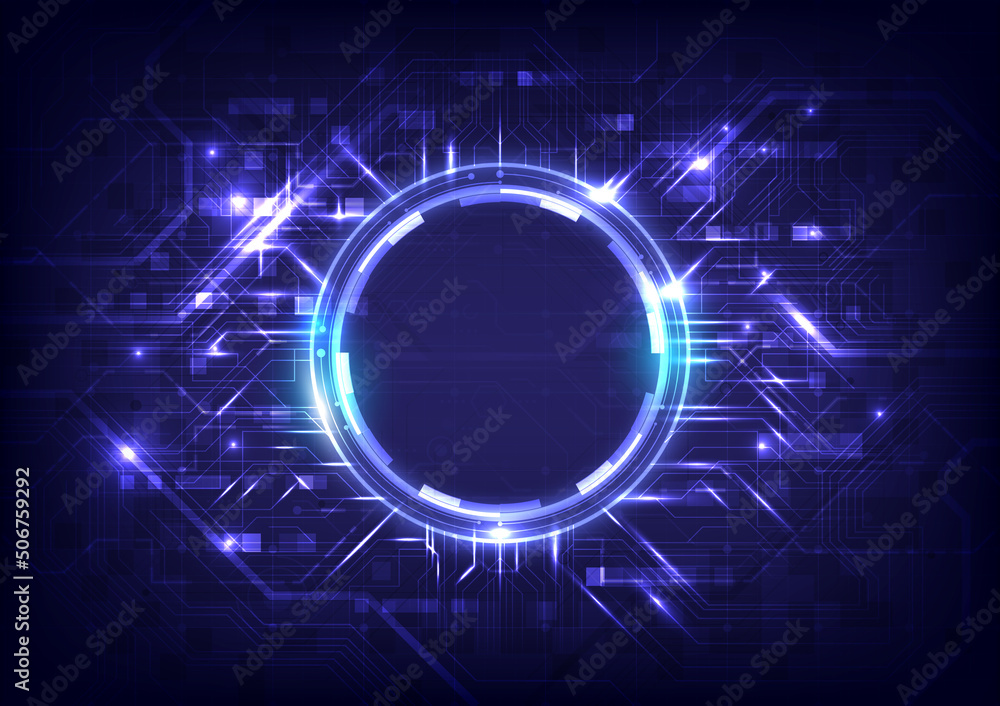 Abstract hi-tech background. Virtual reality high technology. Circuit board. Futuristic Sci-Fi interface. Digital high computer infographic of engineer. Data science. Glowing HUD circle