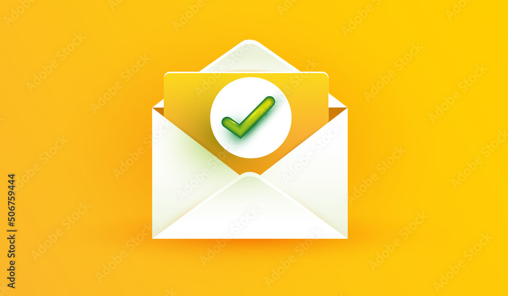 blank open envelope icon with notification check mark symbol isolated on yellow background. New subscriber for social media reminder. E-mail reminder vector illustration style - obrazy, fototapety, plakaty 
