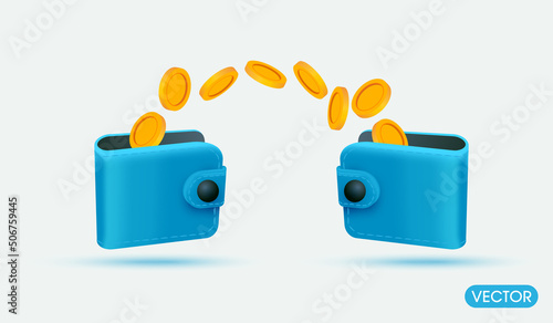 golden coins money saving or payment with minimal blue wallet. Money transfer safe and easy payment worldwide banner concept