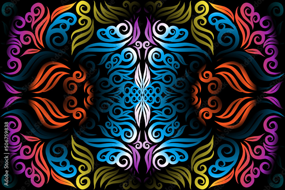 Beautiful glow colour caleidoscope gradient flower line art pattern wallpaper of indonesian traditional abstract batik ethnic dayak ornament for commercial ads Beautiful glow colour caleidoscope gradient flower line art pattern wallpaper of indonesian traditional abstract batik ethnic dayak ornament for commercial ads