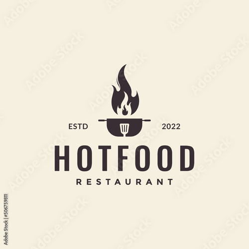 hot pan with spatula fire food logo design vector graphic symbol icon illustration creative idea