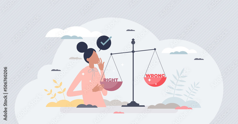 Ethical behavior and wright or wrong dilemma choice tiny person concept. Honesty and moral principle as responsible people strategy vector illustration. Decision making process with bad or good scales - obrazy, fototapety, plakaty 