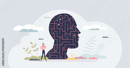 Psychology maze and brain puzzle as find problem solution tiny person concept. Intelligent human head with complex brains vector illustration. Memory mechanism and mental psychiatry therapy challenge.
