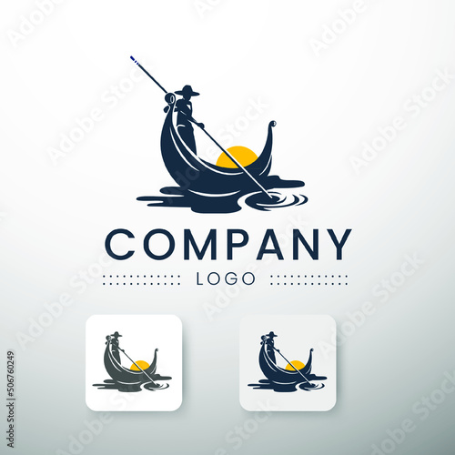 Man with gondola boat on the lake logo inspiration