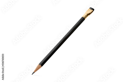 Black Art Pencil With Black Eraser at an Angle with Shadow Isolated on White Background