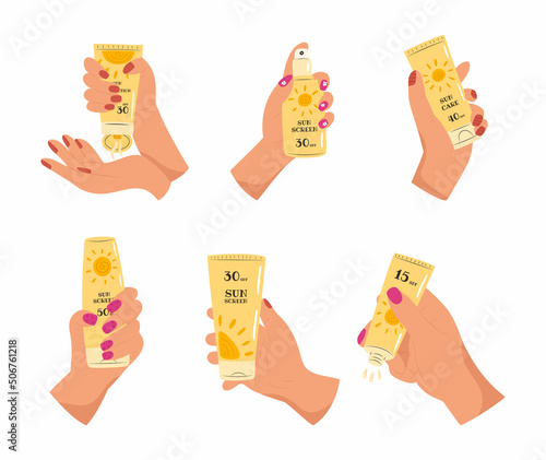 Set of hands holding lotion tubes