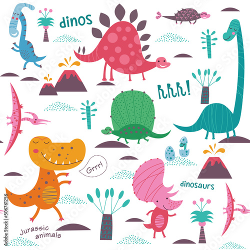 Cute dinosaurs. Vector illustration of jurassic animals. Cartoon seamless pattern on a white background. It can be used for backgrounds, surface textures, wallpapers, pattern fills.