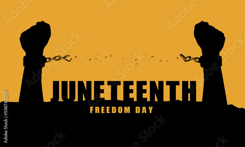 Juneteenth Emancipation Day, Fist raise up breaking chain.