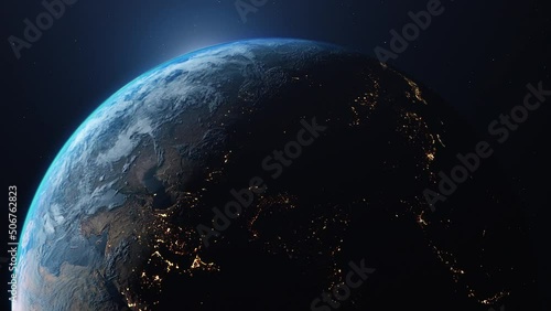 Beautiful earth planet scene.
Space Zoom spinning view, Concept of climate change, day and night, cities lights, sunrise. World planet satellite,Stars, nebula and galaxy black background in 4k.