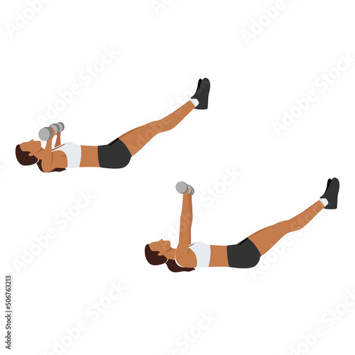 Woman doing Chest press with legs extended exercise. Flat vector illustration isolated on white background