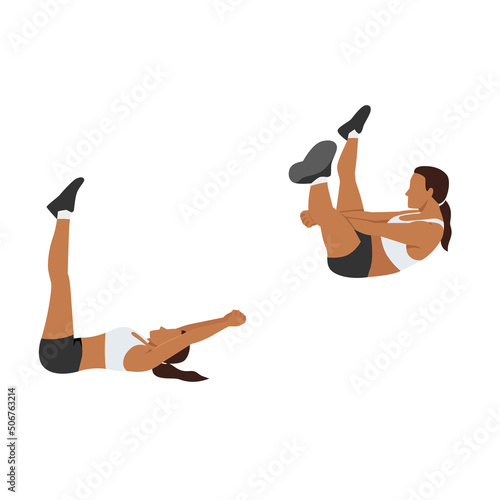 Woman doing Crunch chop exercise. Flat vector illustration isolated on white background