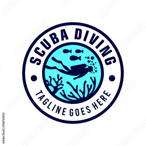 Circular Scuba Diving Emblem with Underwater Scene: A Detailed Logo Illustrating Marine Exploration, Coral Reef Ecosystems, and Diver Adventures, Encased in a Classic Round Badge Design.