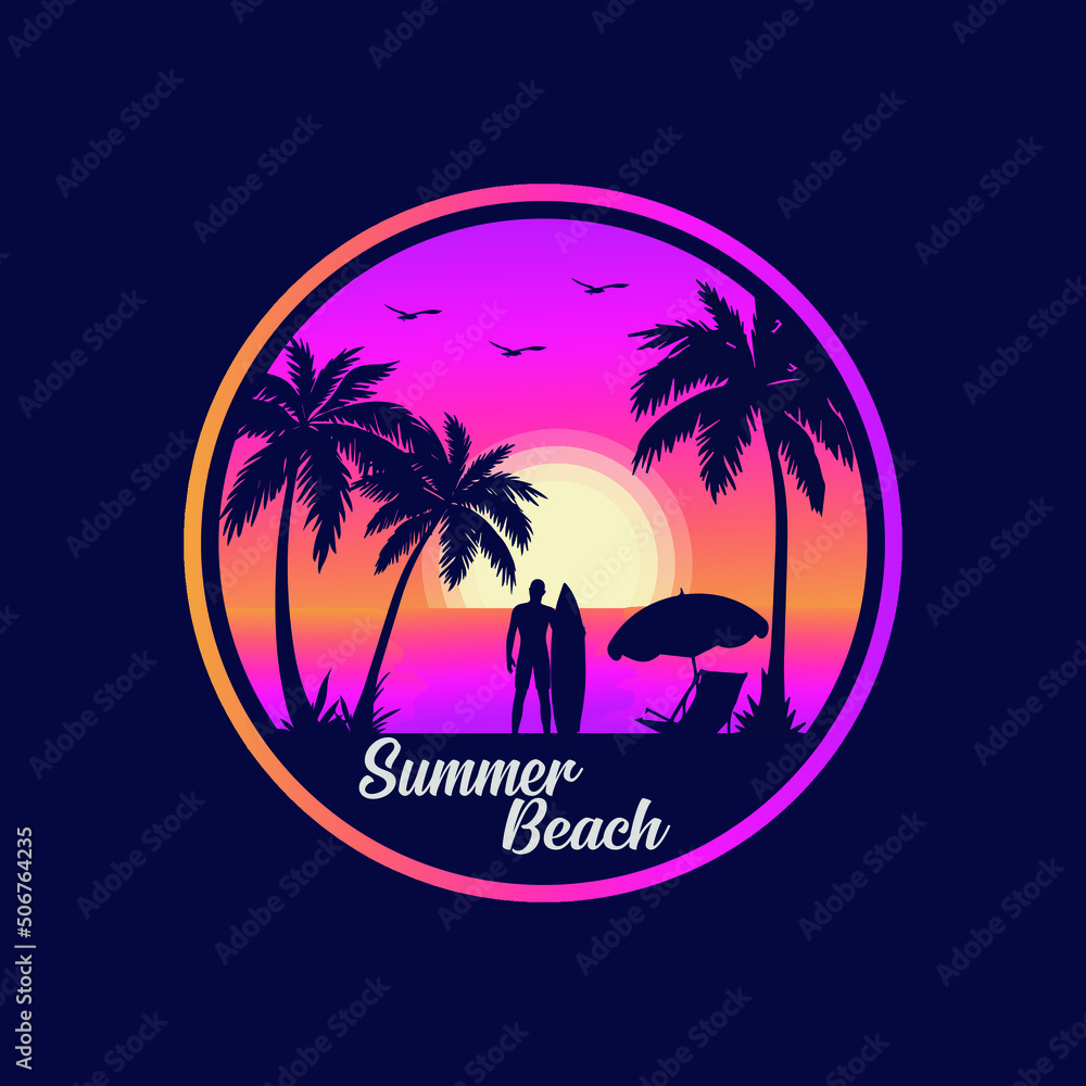 logo of a person by the beach holding a surfboard and looking at the beach sunset