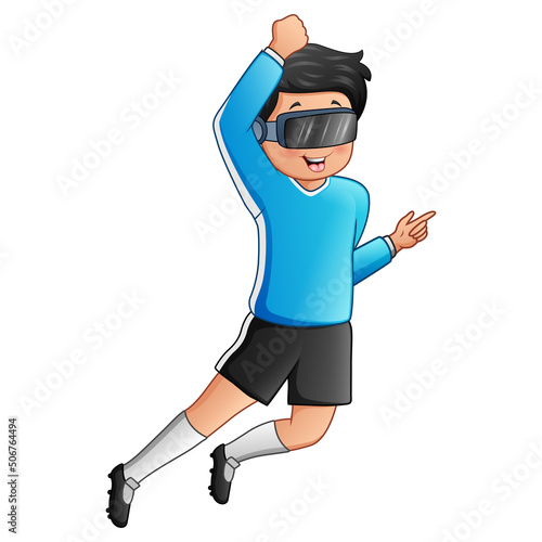 Young man wearing soccer uniform and play with virtual glasses