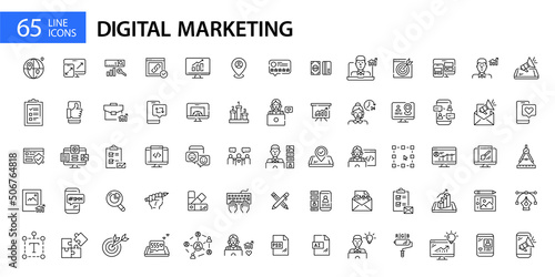 Big set of 65 digital marketing, SEO, SMM and web design icons. Pixel perfect, editable stroke line art