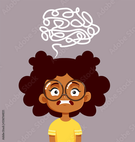 Stressed Little Girl Feeling Confused Vector Cartoon Illustration. Smart student thinking of a difficult problem trying to solve it

