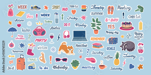 Big set of planning stickers . Cute weekly image and trendy lettering for diaries and organizers. Hand drawn colored vector illustration isolated on blue background. Flat cartoon style.