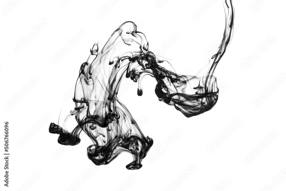 Black ink dropped into water isolated on white background。 Black ink dropped into water isolated on white background。