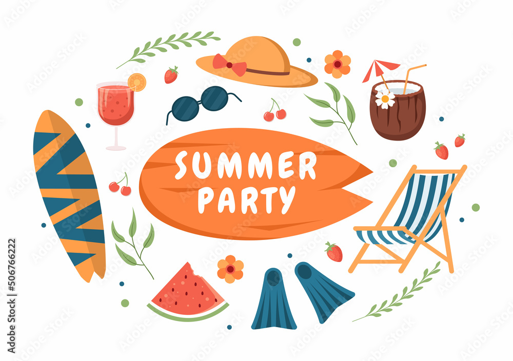 Summer Party Cartoon Background Illustration with Tropical Plants, Equipment on the Beach for Poster or Greeting Card Design Summer Party Cartoon Background Illustration with Tropical Plants, Equipment on the Beach for Poster or Greeting Card Design