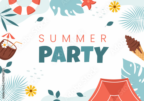 Summer Party Cartoon Background Illustration with Tropical Plants, Equipment on the Beach for Poster or Greeting Card Design