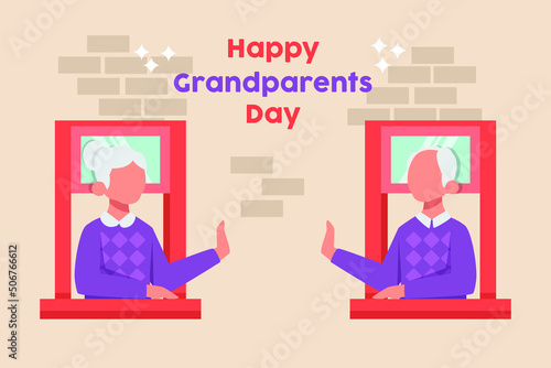 Grandparents is waving to each other in the window . Happy Grandparents day. Colored flat vector illustration isolated.