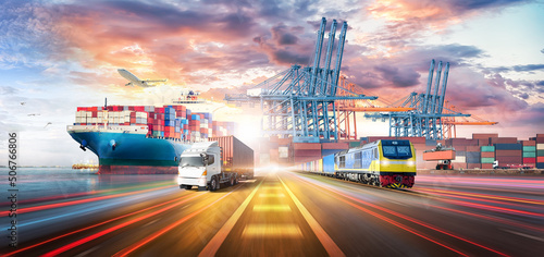 Logistics Transportation Import Export and Container Cargo Freight Ship, freight train, cargo airplane, container truck on highway at industrial port dock yard background, handlers, Global Business