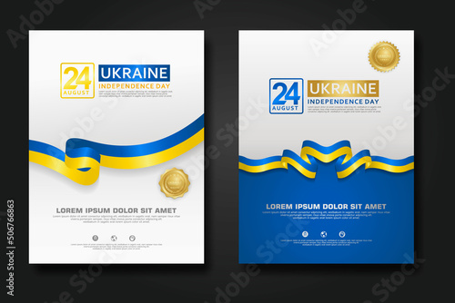Set poster design Ukraine happy Independence Day background template with elegant ribbon-shaped flag, gold circle ribbon. vector illustration