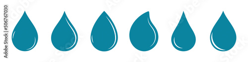 Blue Waterdrop Icon Set - Flat Vector Illustrations Isolated On White Background