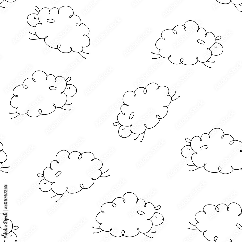 Vector seamless pattern on white background. Cute line sheep jumping. Vector seamless pattern on white background. Cute line sheep jumping.
