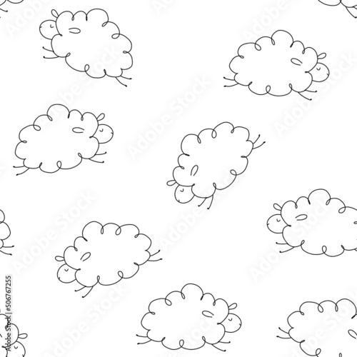 Vector seamless pattern on white background. Cute line sheep jumping.