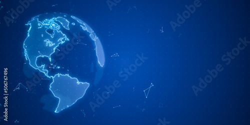 Fototapeta Naklejka Na Ścianę i Meble -  Blue wireframe earth globe global network connection, world map design for digital internet communication business, 3D technology illustration